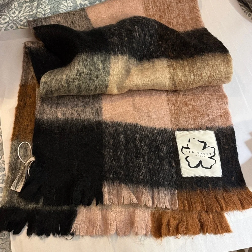 NEW Ted Baker Plaid Scarf in Black, Brown, and Pink